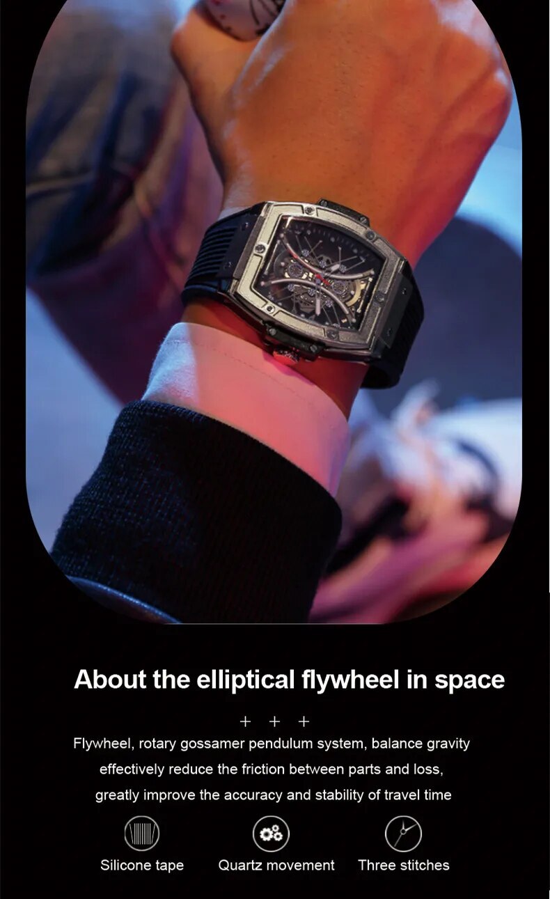 RUIMAS Quartz Sport Watches for Man Hollow Out Fashion Men Wristwatch 3ATM Waterproof Silicone Strap Clock Relogio Masculino 334