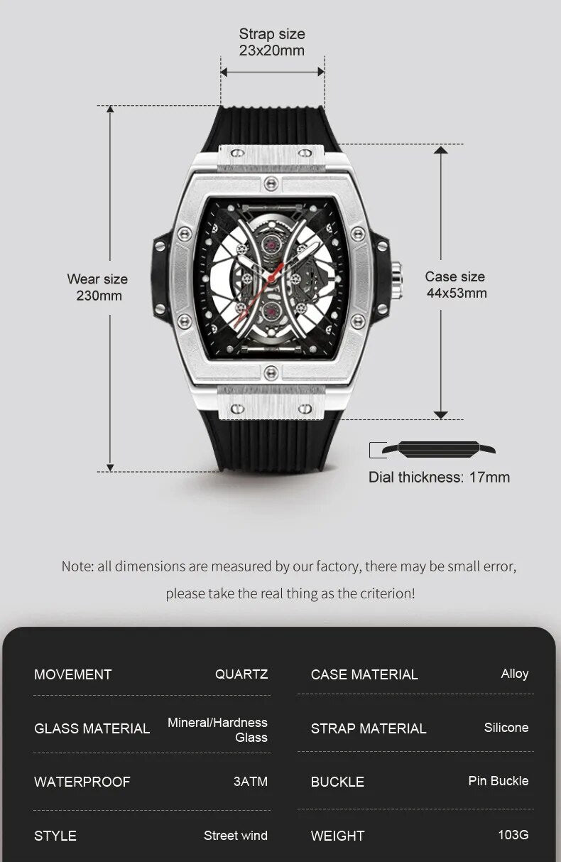 RUIMAS Quartz Sport Watches for Man Hollow Out Fashion Men Wristwatch 3ATM Waterproof Silicone Strap Clock Relogio Masculino 334