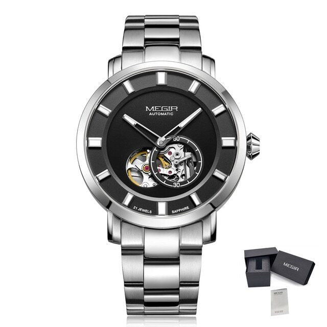 MEGIR Men Watch Hollow Out Automatic Mechanical Stainless Steel Wristwatch Waterproof Luxury Business Wrist Watch Montre Homme 62052