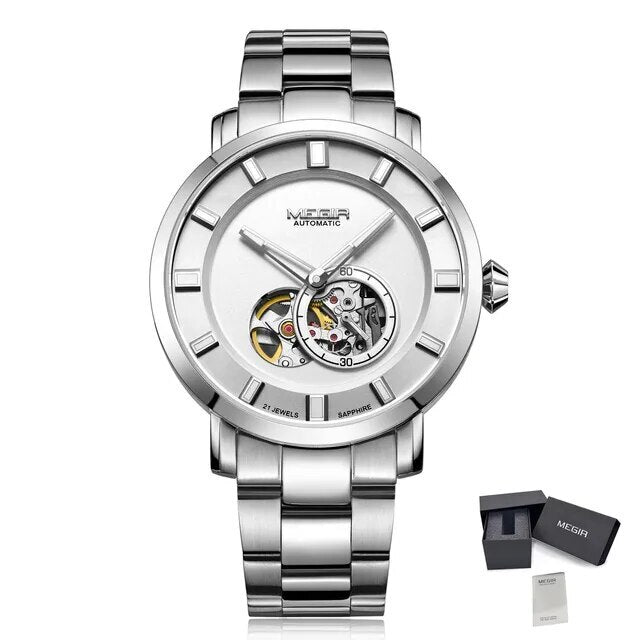 MEGIR Men Watch Hollow Out Automatic Mechanical Stainless Steel Wristwatch Waterproof Luxury Business Wrist Watch Montre Homme 62052