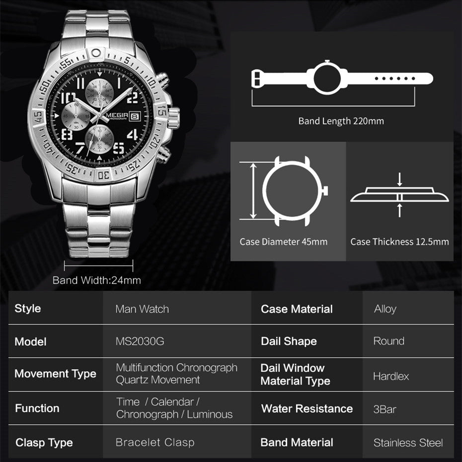 MEGIR Men's Business Quartz Watches Top Luxury Brand Casual Wristwatch Waterproof Date Clock Stainless Steel Man Chronograph 2030