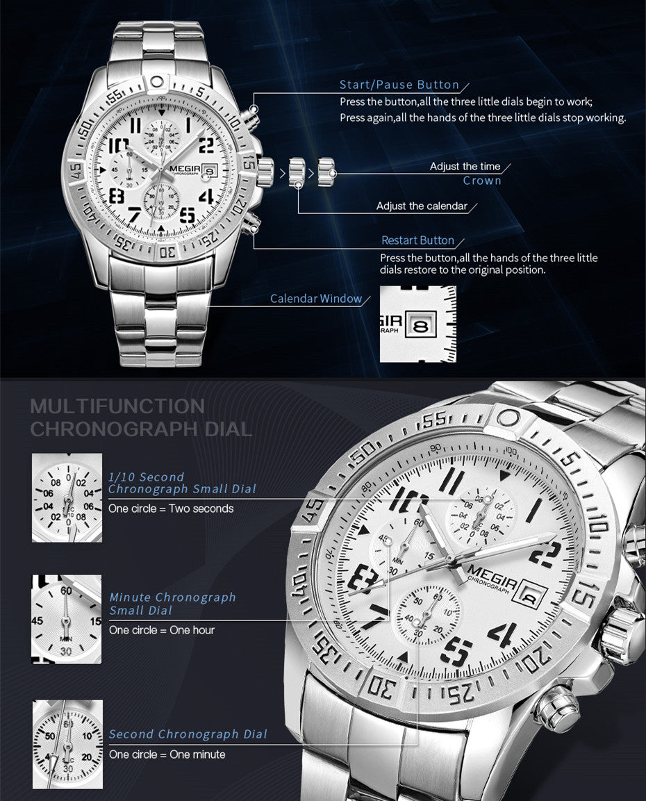 MEGIR Men's Business Quartz Watches Top Luxury Brand Casual Wristwatch Waterproof Date Clock Stainless Steel Man Chronograph 2030