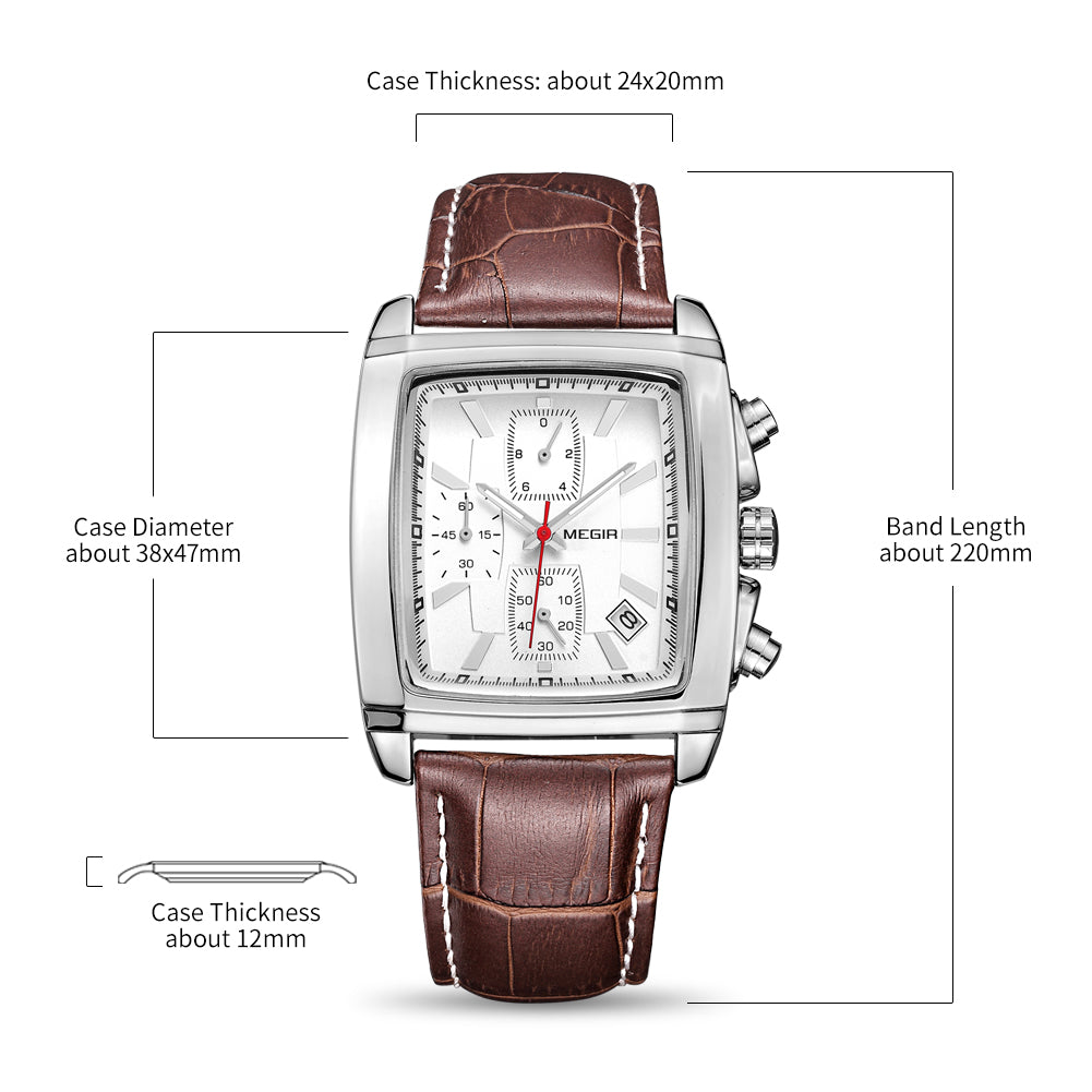 MEGIR Watch Men Business Wristwatch Rectangle Quartz Military Watches Waterproof Luminous Leather Strap Sport Casual Clock Reloj Hombre 2028