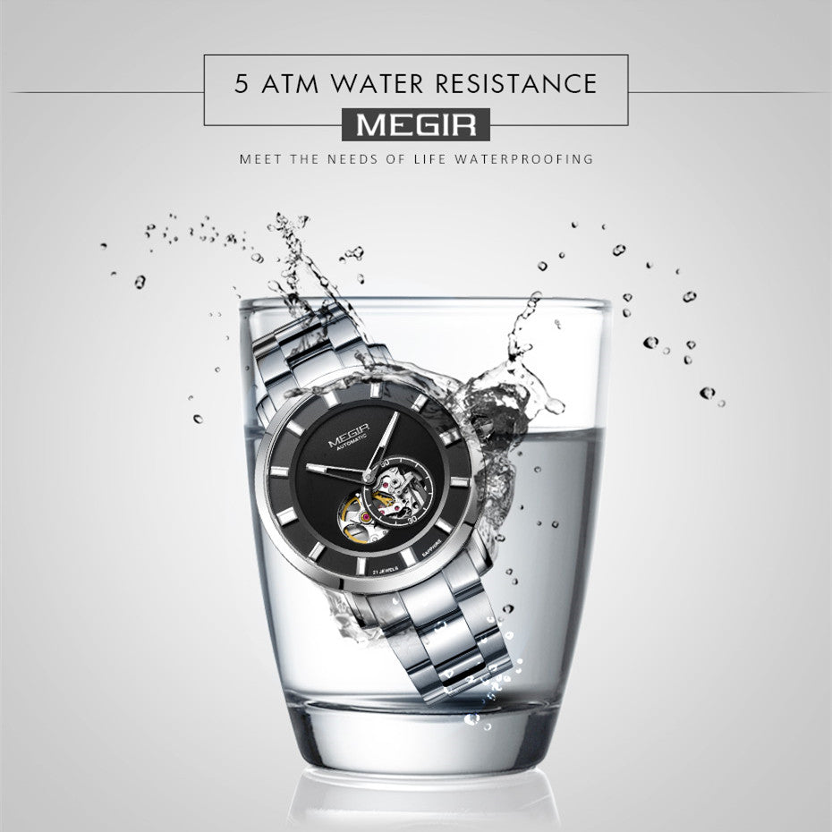 MEGIR Men Watch Hollow Out Automatic Mechanical Stainless Steel Wristwatch Waterproof Luxury Business Wrist Watch Montre Homme 62052
