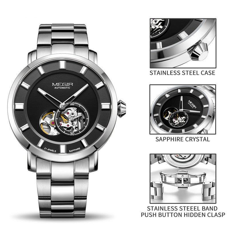 MEGIR Men Watch Hollow Out Automatic Mechanical Stainless Steel Wristwatch Waterproof Luxury Business Wrist Watch Montre Homme 62052