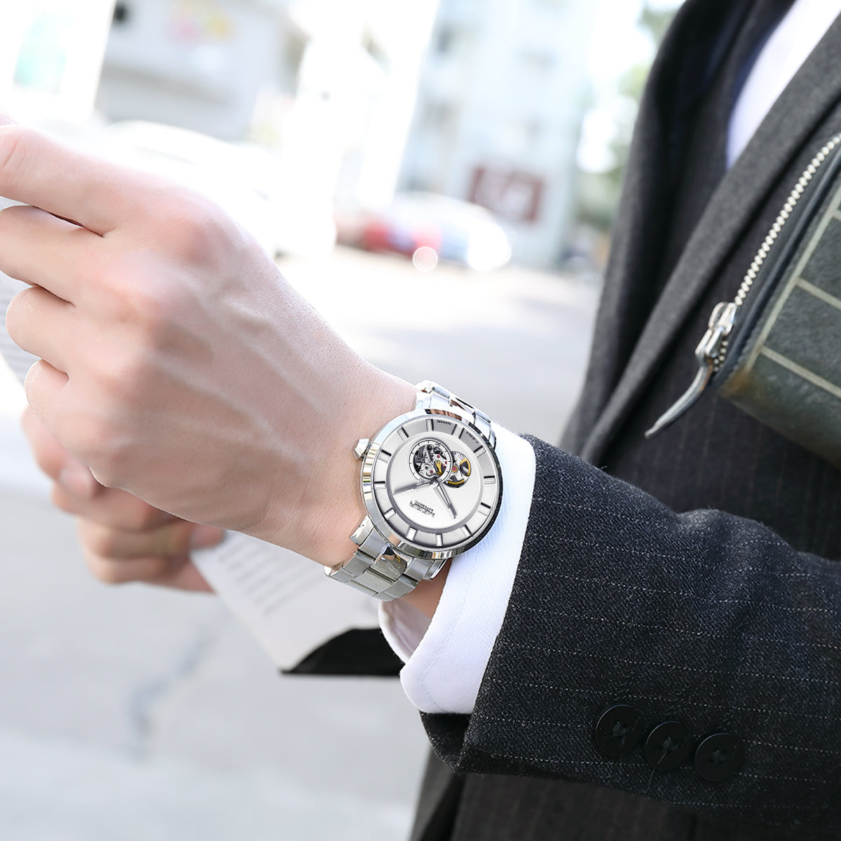 MEGIR Men Watch Hollow Out Automatic Mechanical Stainless Steel Wristwatch Waterproof Luxury Business Wrist Watch Montre Homme 62052