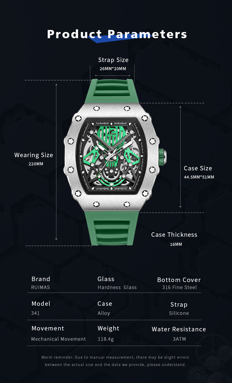 RUIMAS Luxury Watch Men Fashion Automatic Mechanical Watches Clock Silicone Strap Sport Casual Wristwatch Big Dial Reloj Hombre 341
