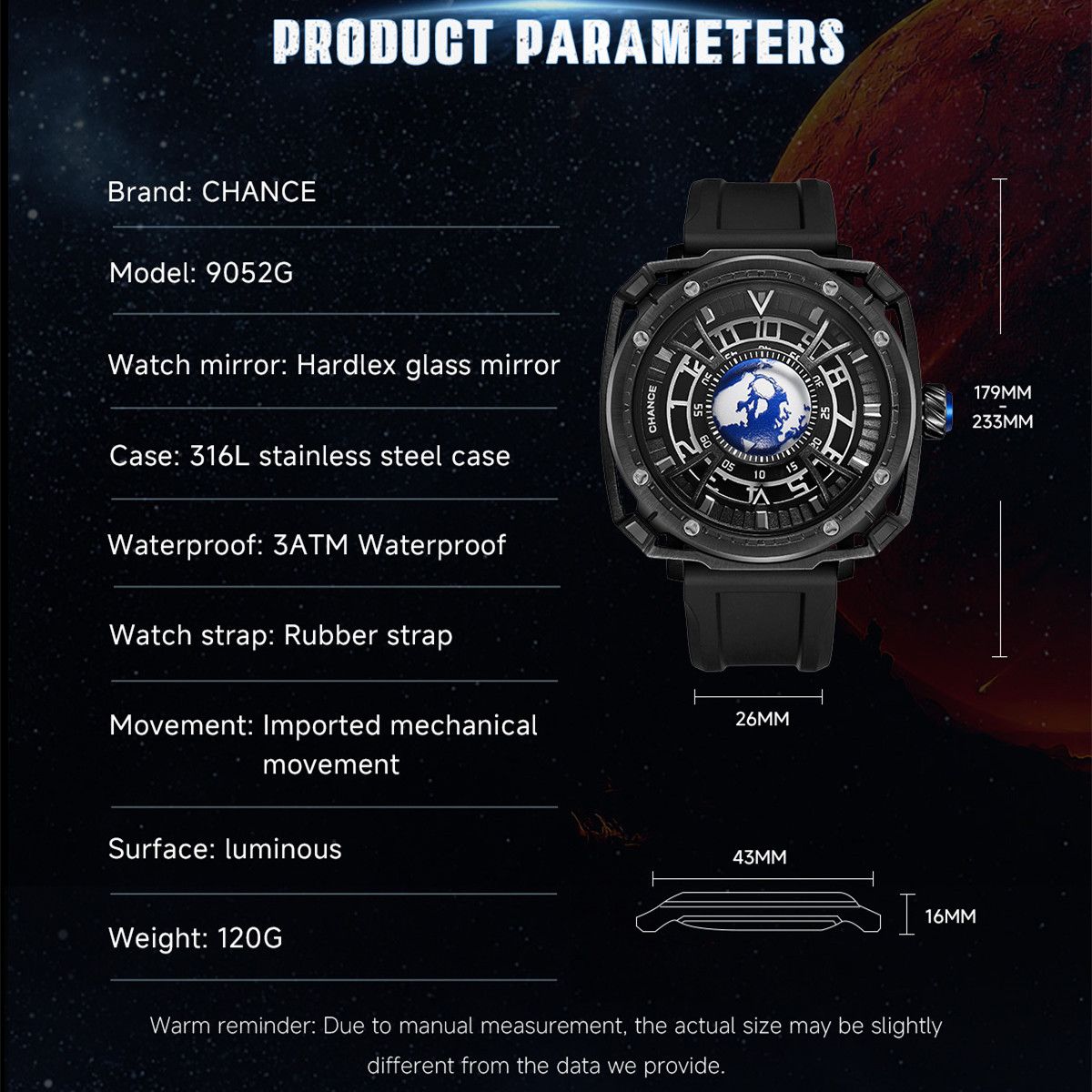 CHANCE Luxury Men Mechanical Wristwatch Automatic Watch Stainless Steel Case Sports Silicone Strap Luminous Watches Clock 9052
