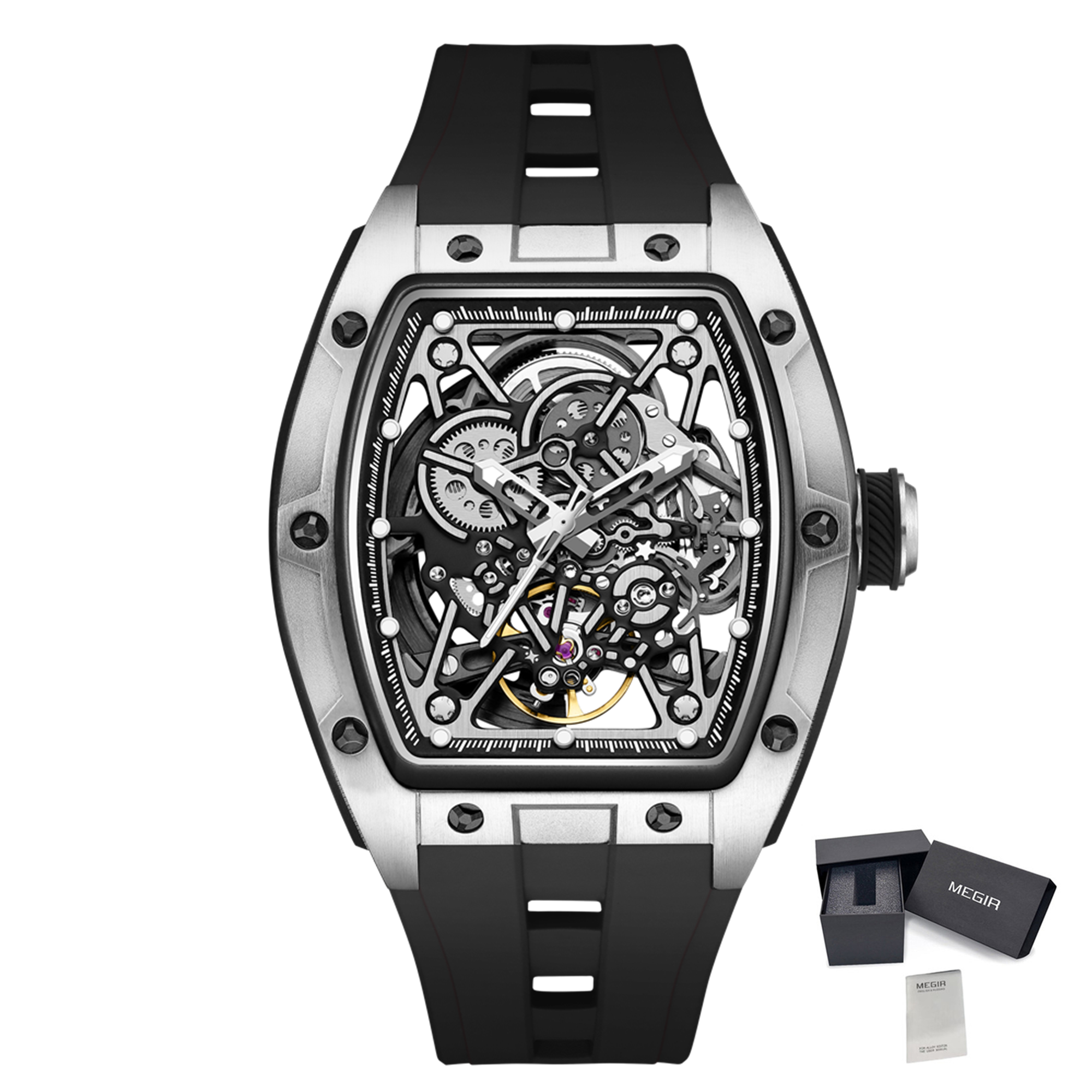 MEGIR Men's Mechanical Watch Fashion Hollow Out Automatic Movement Sport Wristwatches Waterproof Silicone Strap Watches 9198-3