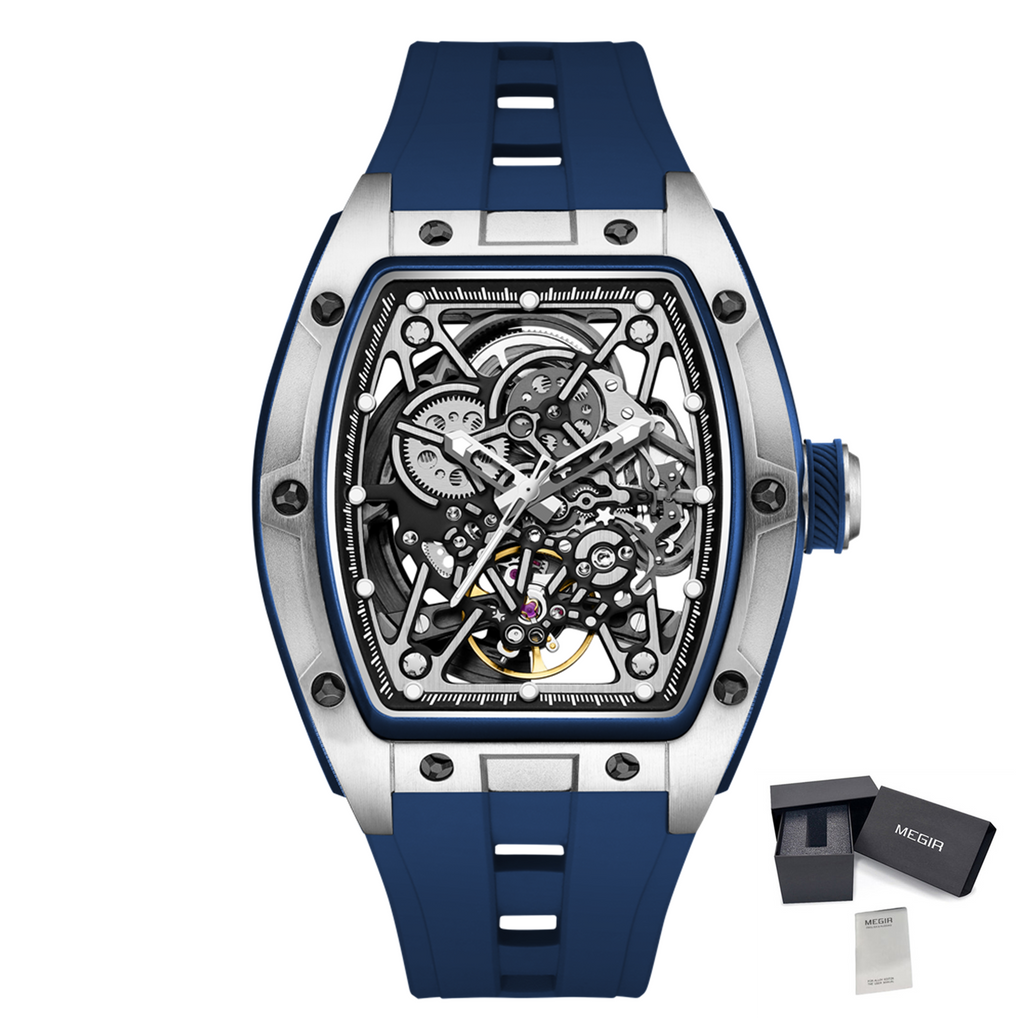 MEGIR Men's Mechanical Watch Fashion Hollow Out Automatic Movement Sport Wristwatches Waterproof Silicone Strap Watches 9198-3