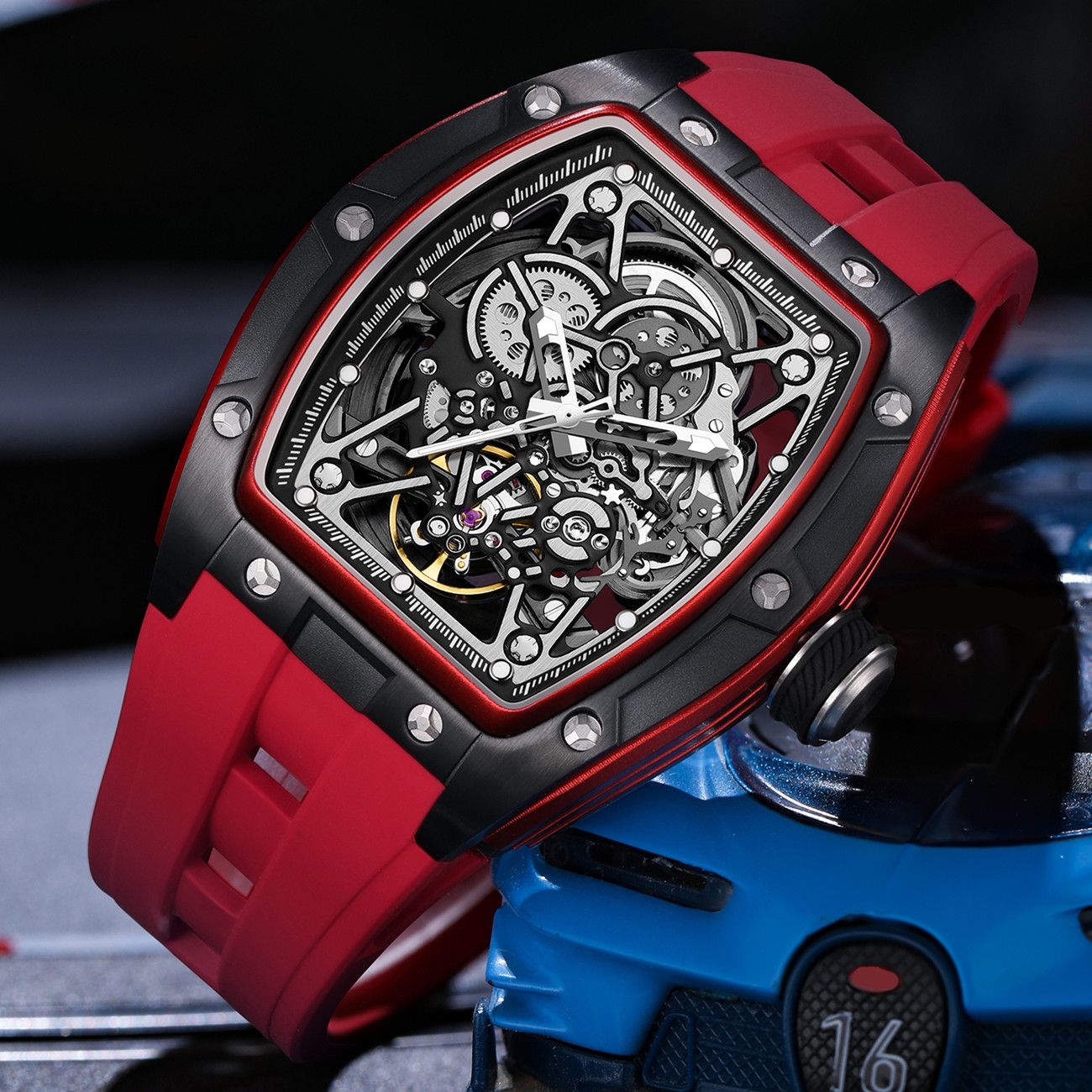 MEGIR Men's Mechanical Watch Fashion Hollow Out Automatic Movement Sport Wristwatches Waterproof Silicone Strap Watches 9198-3