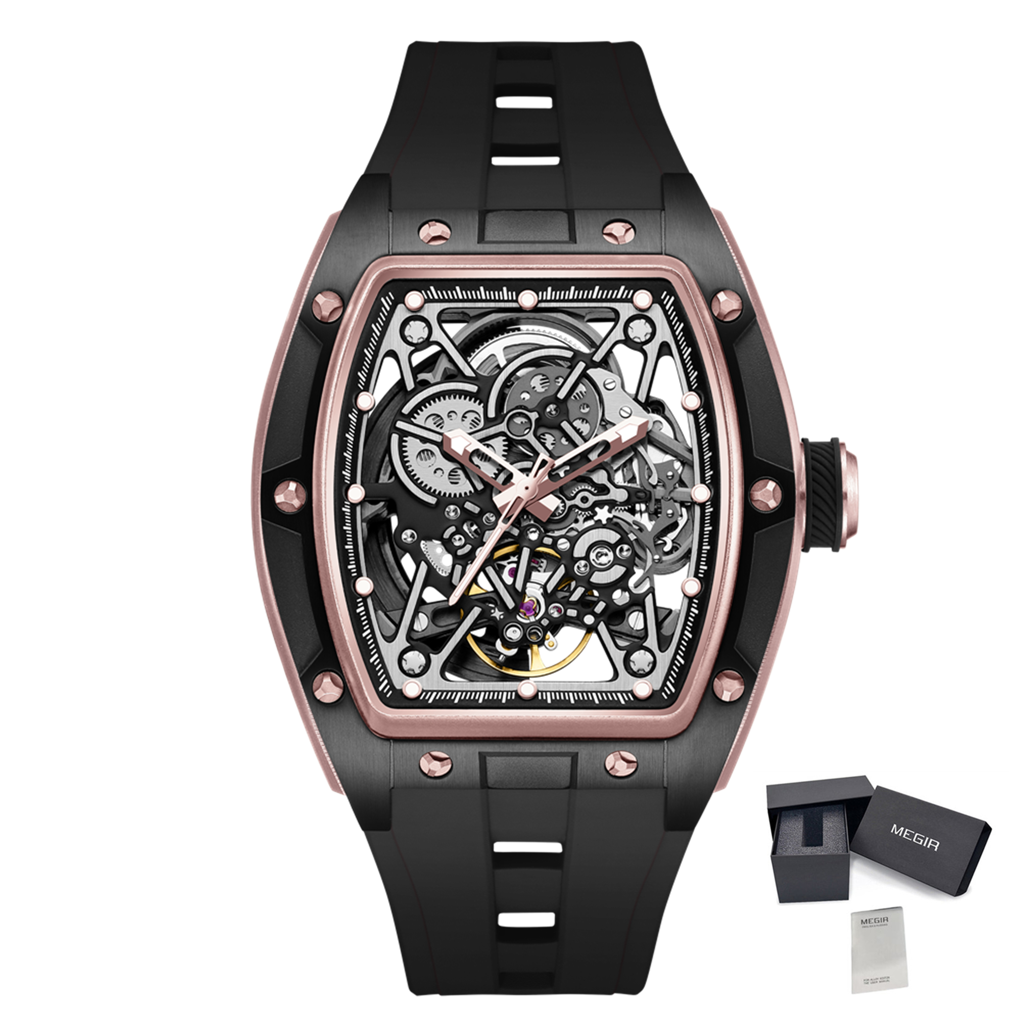 MEGIR Men's Mechanical Watch Fashion Hollow Out Automatic Movement Sport Wristwatches Waterproof Silicone Strap Watches 9198-3