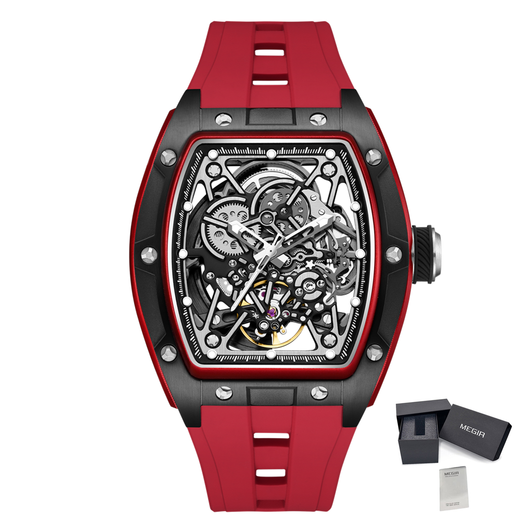 MEGIR Men's Mechanical Watch Fashion Hollow Out Automatic Movement Sport Wristwatches Waterproof Silicone Strap Watches 9198-3