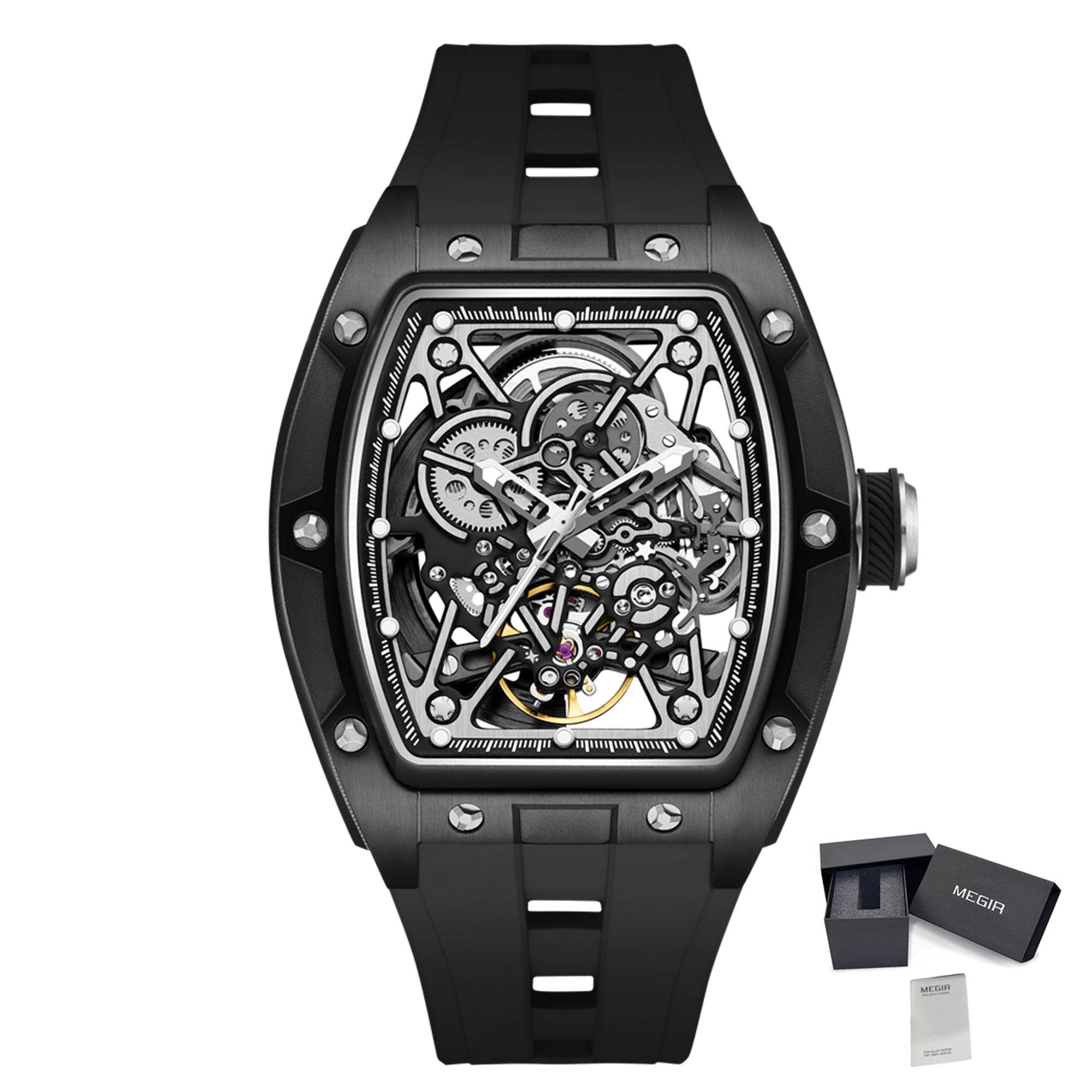 MEGIR Men's Mechanical Watch Fashion Hollow Out Automatic Movement Sport Wristwatches Waterproof Silicone Strap Watches 9198-3