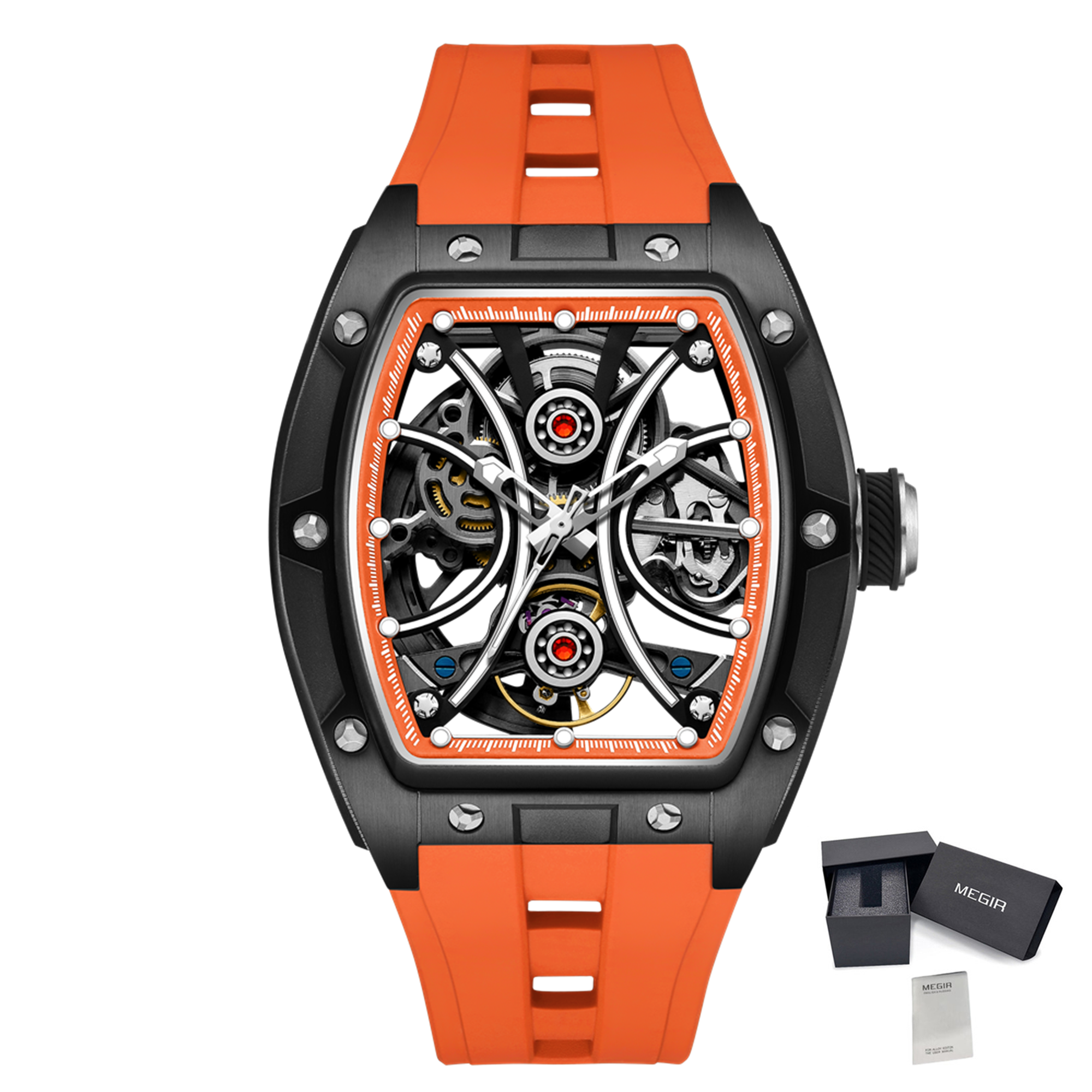 MEGIR Men's Sports Watch Fashion Automatic Mechanical Movement Watches Skeleton Luminous Waterproof Business Wristwatches 9198-4