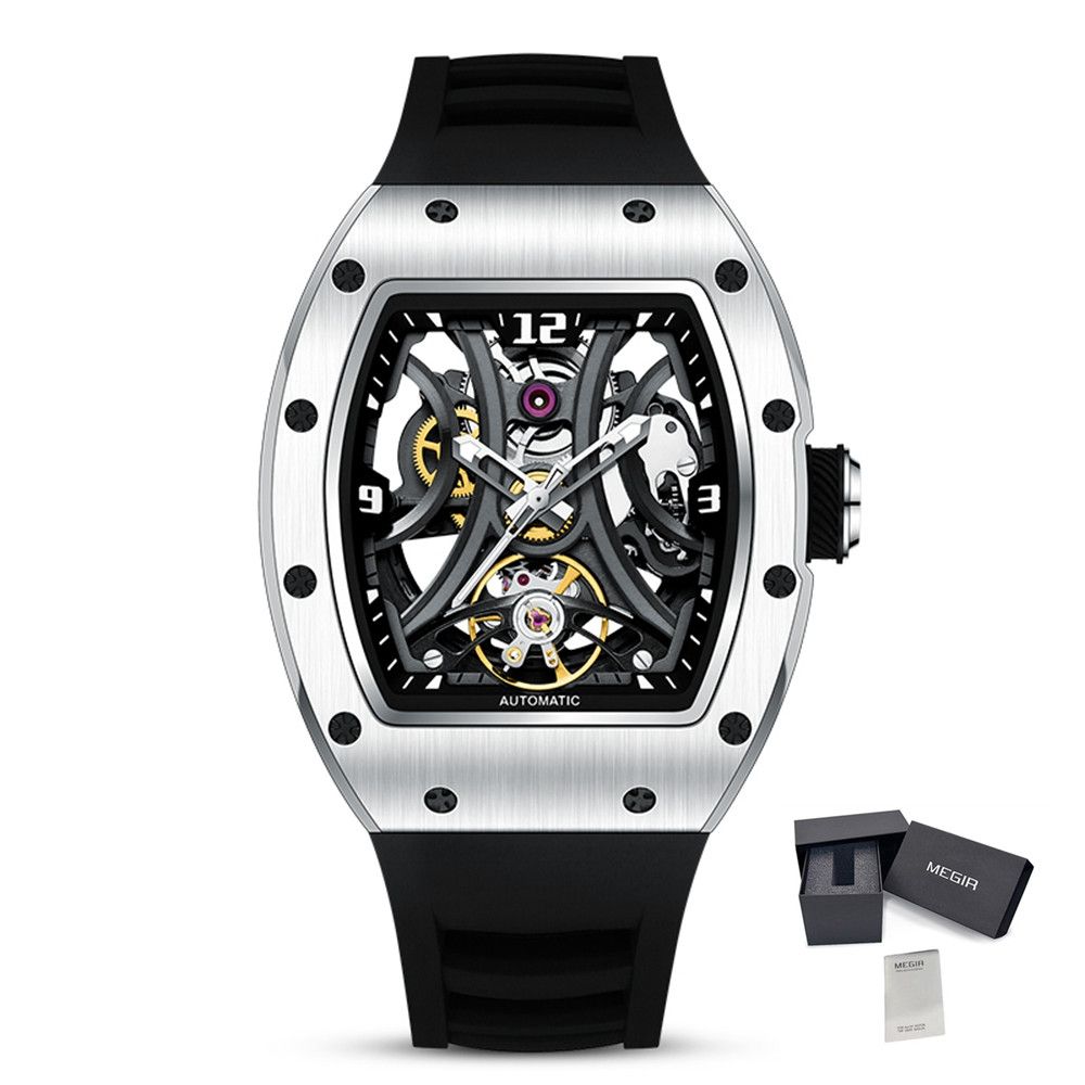 MEGIR Skeleton Big Dial Men Mechanical Watch Fashion Luminous Automatic Movement Wristwatch Stainless Steel Case Clock 9190-11
