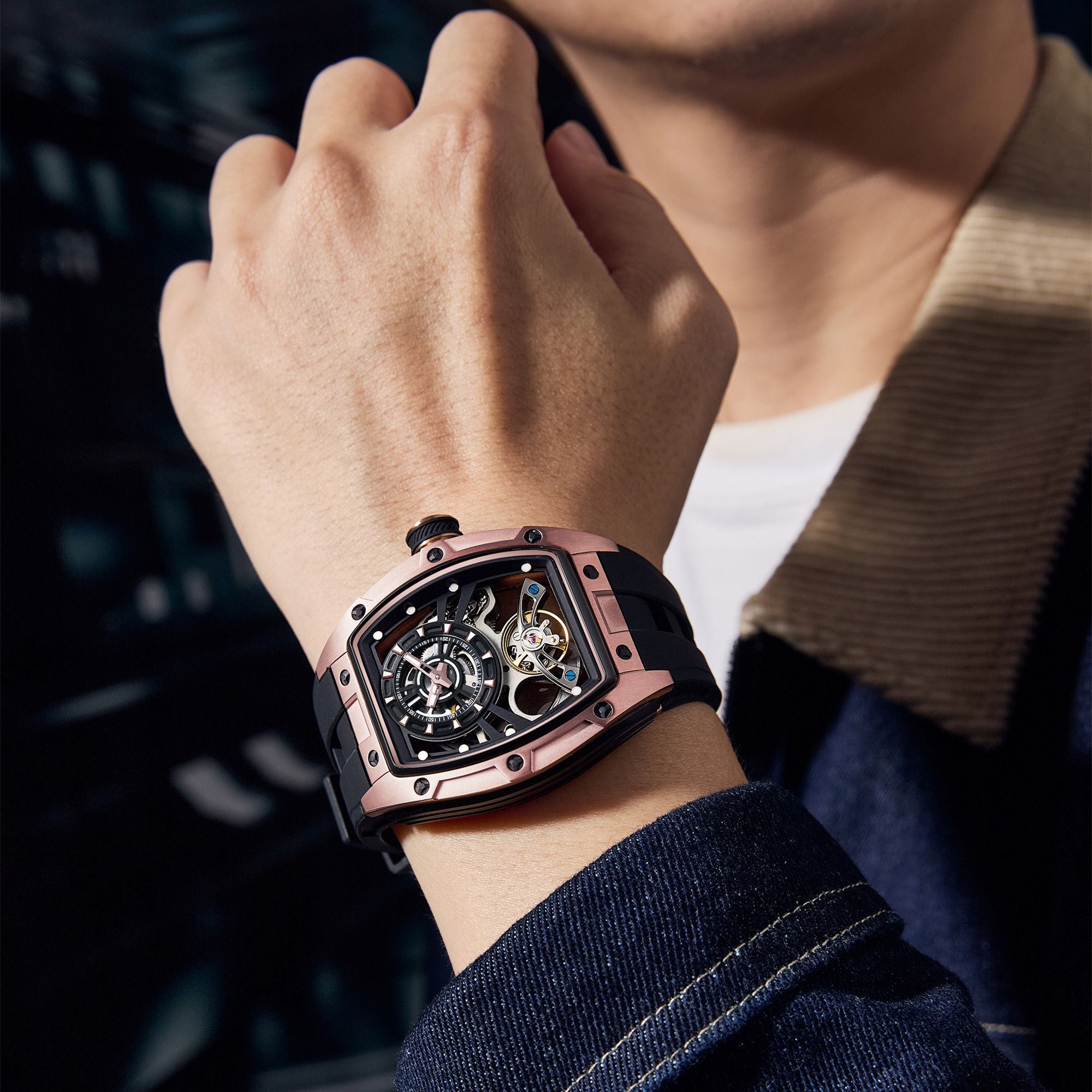 MEGIR Fashion Automatic Mechanical Watches for Men Waterproof Skeleton Dial Stainless Steel Case Male Wristwatch Clock 9198-6