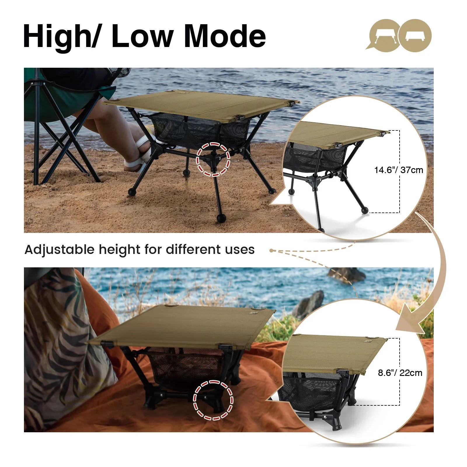 Camping Table with Mesh Storage Pouch Brown