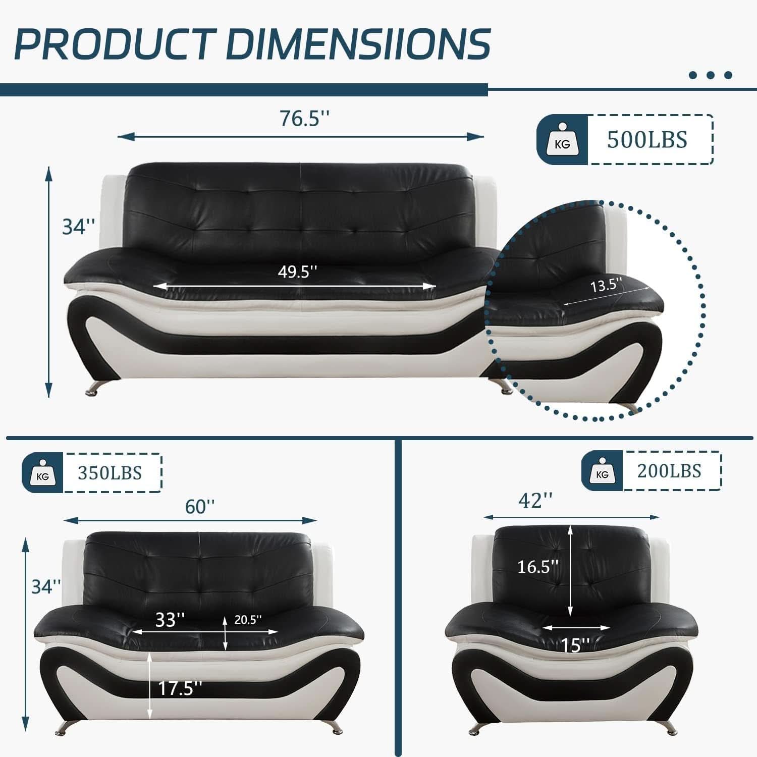 Vegan Leather Sofa Set 3 Piece Living Room Furniture White and Black